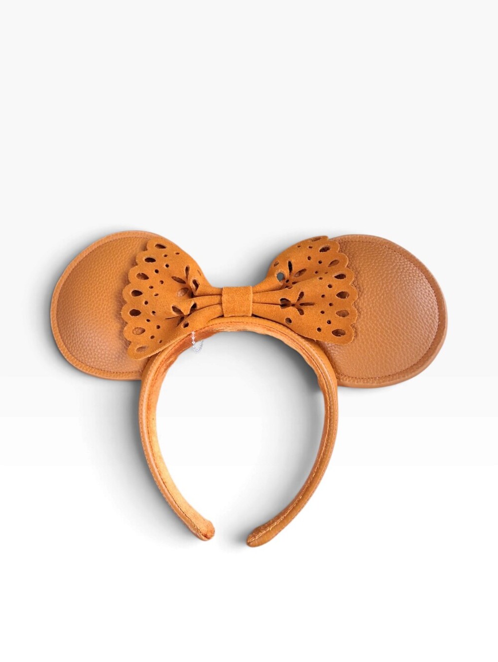 Disney Parks Desert Suede Minnie Mouse Ears Headband Faux Leather Laser Cut Bow